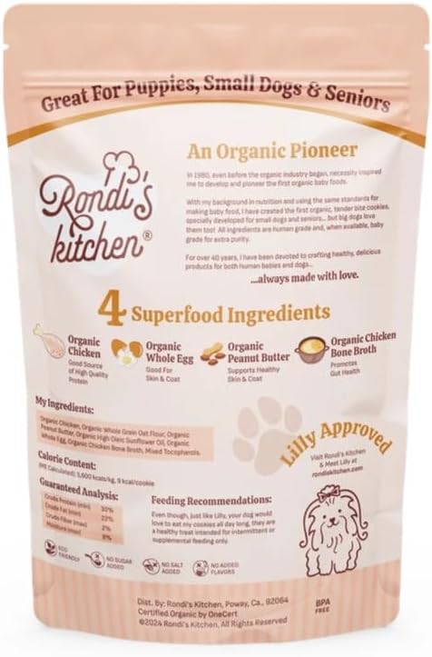 Rondi's Kitchen Lilly's Littles All-Natural & Organic Healthy Soft Dog Treats, Healthy Snacks for Small Dogs, Puppies, and Seniors, Tender Bite Cookies, Human Grade - Chicken & Peanut Butter