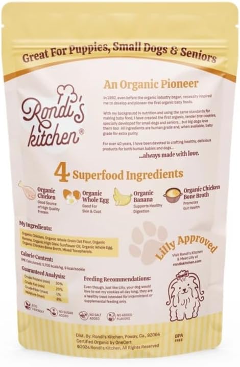 Rondi's Kitchen Lilly's Littles All-Natural & Organic Healthy Soft Dog Treats, Healthy Snacks for Small Dogs, Puppies, and Seniors, Tender Bite Cookies, Human Grade - Chicken & Banana