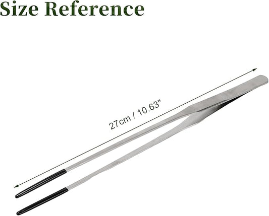 Reptile Feeding Tongs, Stainless Steel Lizard Feeding Tongs, Aquarium Straight Feeding Tweezers for Reptiles with Rubber Tip, Terrarium Feeding Tongs 10.63" L, Black Silver Tone