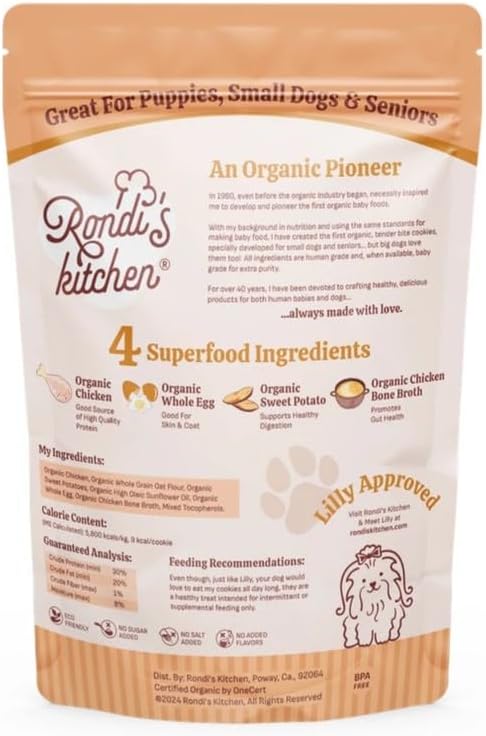 Rondi's Kitchen Lilly's Littles All-Natural & Organic Healthy Soft Dog Treats, Healthy Snacks for Small Dogs, Puppies, and Seniors, Tender Bite Cookies, Human Grade - Chicken & Sweet Potato