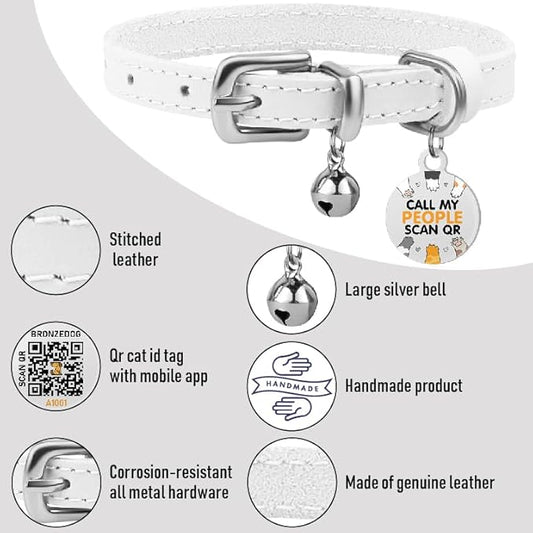 BRONZEDOG Leather Cat Collar with Removable Bells Non Breakaway Kitten QR Tag for Girl Boy (9" - 12" Cats/Mini Dogs, White & Silver)
