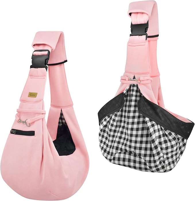 CUBY Dog and Cat Sling Carrier - Hands Free Reversible Pet Papoose Bag - Soft Pouch and Tote Design - Suitable for Puppy, Small Dogs Cats Outdoor (Pink Senior, Adjust Strap 2.0)