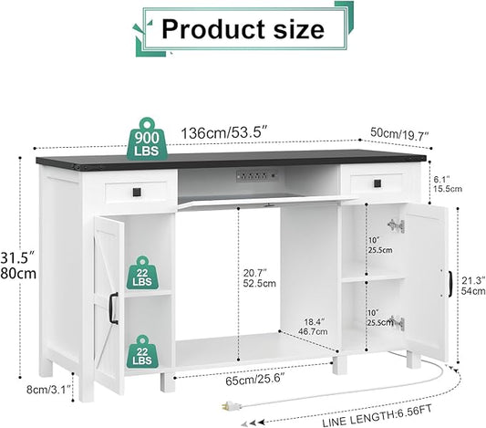 55-75 Gallon Aquarium Stand With Charging Station, Farmhouse Fish Tank Stand, Reptile Tank Stand Terrarium Stand with Drawer and Cabinet Storage, Sturdy Heavy Duty 53.5"×19.7" Tabletop - White