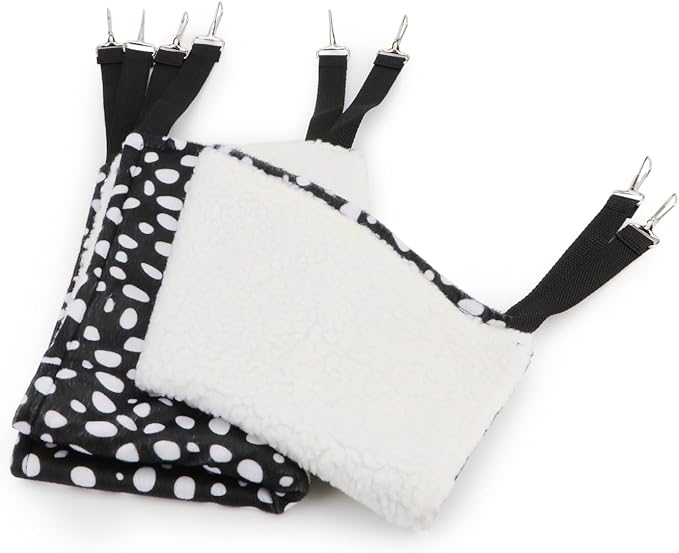 2 Pack Small Animal Hammock Soft Fleece Sleeping Bed for Mice Rat Chinchilla Guinea Pig Ferret Kitten Cat Rabbit (S: 10.6x10.6inch, Black White Dot)