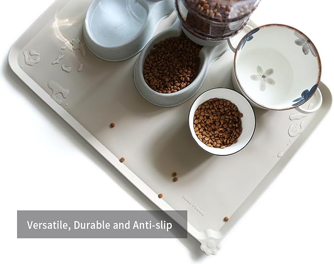 Hoki Found X-Large Silicone Non Slip Pet Food Mats - Tray for Dogs, Cats - Waterproof, Suitable for Carpet - Cream Brown