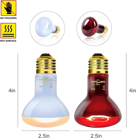 REPTI ZOO 75W Reptile Heat Lamp Combo Pack, 2PCS Day & Night Basking Spot Light, UVA Daylight Heating Lamp Basking Bulb and Infrared Heat Emitter Red Heat Lamp