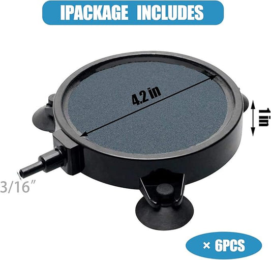 Hamiledyi 4.2 Inch Air Stone Disc Kit 6 Pieces Round Bubble Diffuser Fish Tank Bubbler with Suction Cups for Oxygenation in Fresh/Saltwater Tank, Ponds, Hydroponic as Decorative Airstone for Aquariums