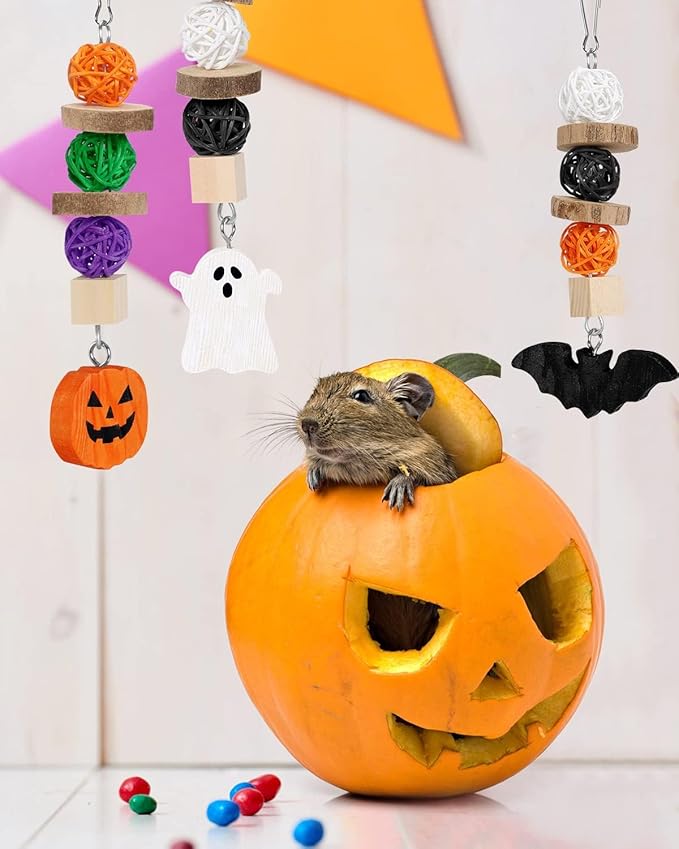 Xylolfsty 3PCS Chinchilla Toys Guinea Pig Bunny Rabbit Chew Toys Teeth Care Grinding Accessories for Small Animals Dwarf Pet Rat Cage Hanging Halloween-Themed