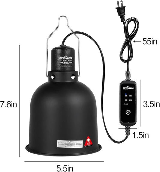 REPTI ZOO Reptile Light Fixture with Timer, 5.5 Inch Deep Dome Lamp Fixture with Light Bulb Timer Controller Optical Reflection Cover for Reptile Glass Terrariums