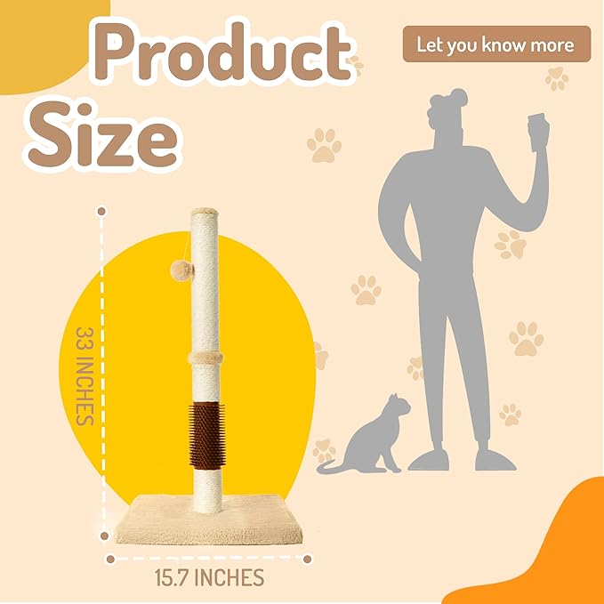 MeowHomm 32" Cat Scratching Post with Self Groomer Cat Brush, Sisal Rope Tall Cat Scratching Post with Soft Hanging Ball for Indoor Cats, Cat Claw Scratcher Covered with Soft Smooth Plush