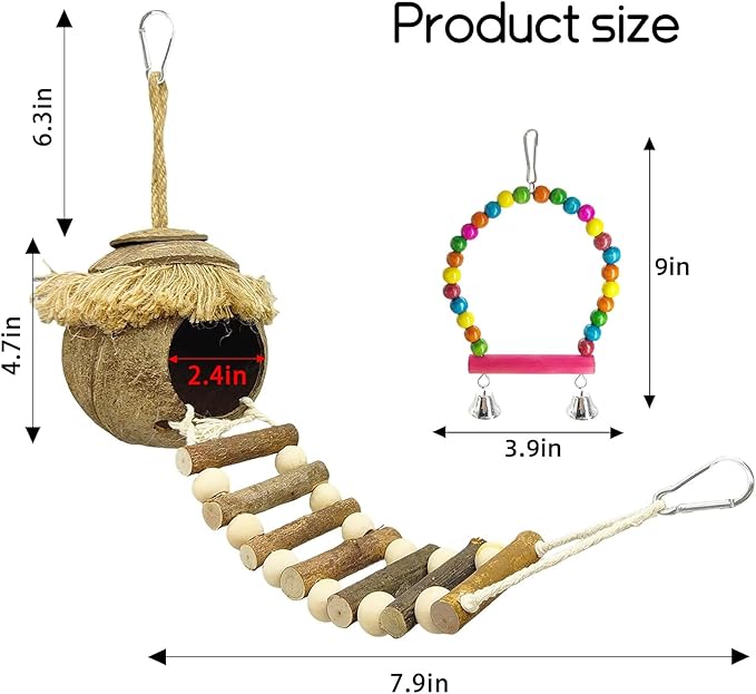 Hamiledyi Coconut Bird Nest Hut with Ladder Hanging Birds Hide House for Parrots Parakeet Conures Cockatiel