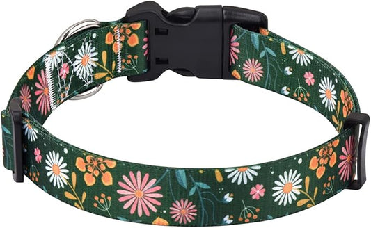 Dog Collar with Bohemia Floral Tribal Geometric Patterns - Soft Ethnic Style Collar Adjustable for Small Medium Large Dogs(Dark Green Flower,L)