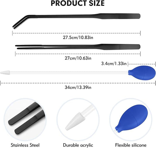 3 Pcs Multi-Functional Axolotl Tank Accessories, Pro-Grade Straight and Curved Long Tweezers with Extended Reach and Ergo-Grip, Plus a Precision Coral Feeder in One Care Bundle