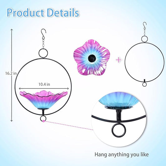 MUMTOP Hanging Bird Bath-Bird Baths for Outdoors - Flower Glass Bird Water Bowl with Hanging Circle, Bird Feeders for Outside, Garden, Lawn Yard Decor(Pink)
