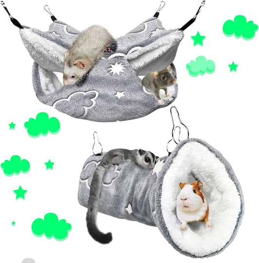 LEFTSTARER Noctilucent Luminous Guinea Pig Rat Hammock Bunkbed Hanging Tunnel and Soft Bed Mat for Ferret Hedgehog Squirrel Hideout Cage Accessories (1.Tunnel and Bunkbed Hammock)