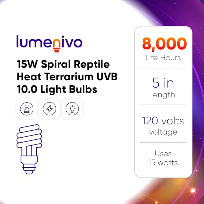 lumenivo UVB Reptile Light 15W 10.0 Desert Terrarium UVB Bulb for Bearded Dragon, Dwarf Monitors, Veiled Chameleons - Simulates UVB from The Sun to Help in Calcium Absorption - 120V - 3 Pack