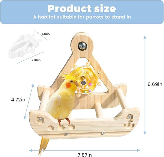 Bird Perch Toy, Interactive Rocking Parakeet Perch, Wooden Exercise Wheel for Cockatiels, Puzzle Enrichment Toy for Parrots, Bird Cage Accessories for Budgies & Conures(Pirate Ship)