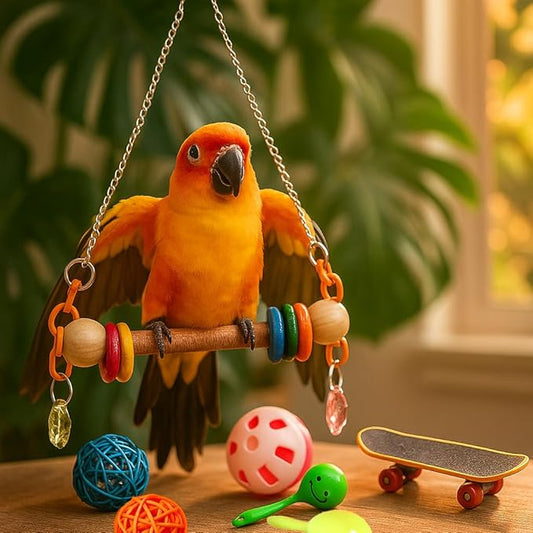 7 Pcs Parrot Bird Swing and perches for cage with Chew Toys Set- Pet Supplies Colorful Wooden Toys with Acrylic Décor Swing Hanging Birdcage Stands Playground for Lovebirds Conures Budgies.