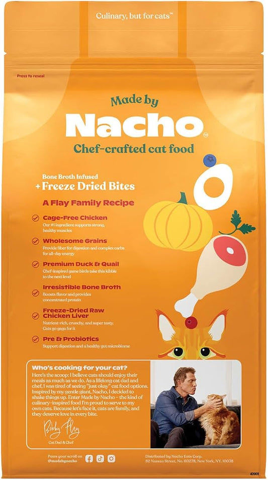 Made by Nacho Dry Cat Kibble 10lb Bag, High Protein Premium Cat Food with Freeze-Dried Pieces, Cage-Free Chicken, Duck & Quail, Limited Ingredients, Single Bag