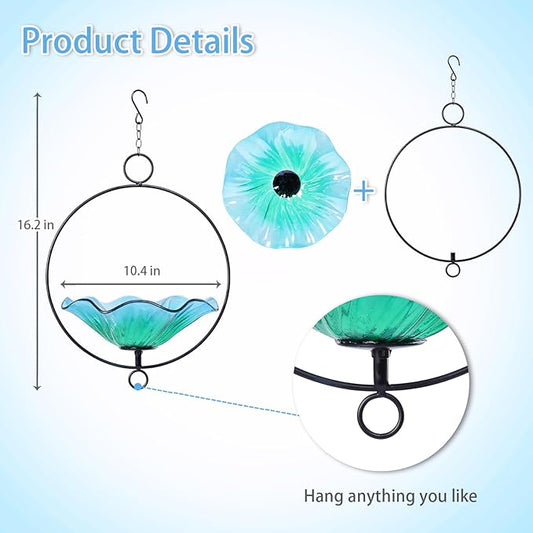 MUMTOP Hanging Bird Bath-Bird Baths for Outdoors - Flower Glass Bird Water Bowl with Hanging Circle, Bird Feeders for Outside, Garden, Lawn Yard Decor(Cyan)