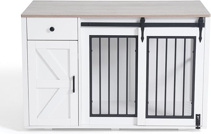 Verano Garden 44" Dog Crate, 2-in-1 Furniture-Style Dog Crate with Storage Drawer & Cabinet, Heavy Duty Dog Kennel Dog Cage Indoor for Small Medium Dogs, White (44" Left Facing Door)