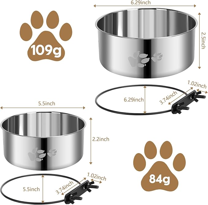 2 Pack Dog Crate Water Food Bowl No Spill,2-in-1 Hanging Dog Bowls for Kennel,Dogs Crate Water Feeder Dish,Stainless Steel Kennel Dogs Bowls Mountable with Non-Slip Bottom for Cats Bunny Ferret Bird