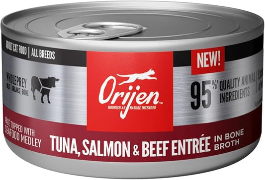 ORIJEN Premium Pate Wet Cat Food in Bone Broth Tuna Salmon & Beef Entrée 3oz Cans (24 Count)