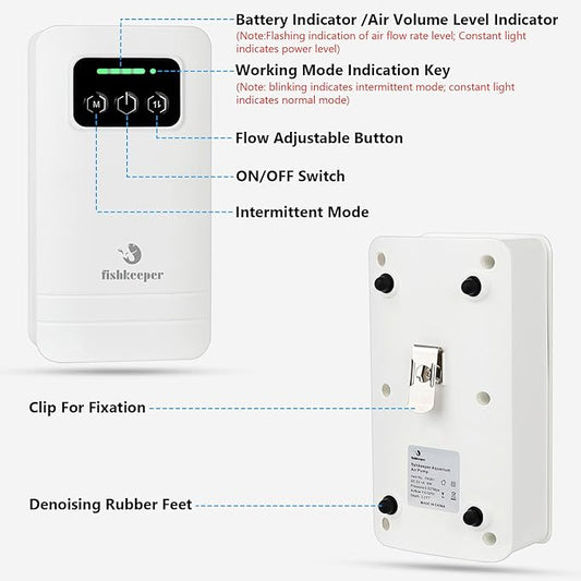fishkeeper Battery Powered Aquarium Air Pump, USB Rechargeable Aerator Fish Tank Air Pump for 5-125 Gallons Portable Oxygen Pump for Outdoor Fishing, Power Outages and Emergency (4W 80GPH)