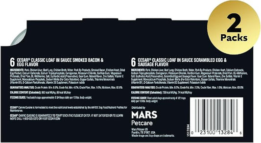 Cesar Wet Dog Food Classic Loaf in Sauce Breakfast Variety Pack, 3.5 oz. Easy Peel Trays (12 Count, Pack of 2)