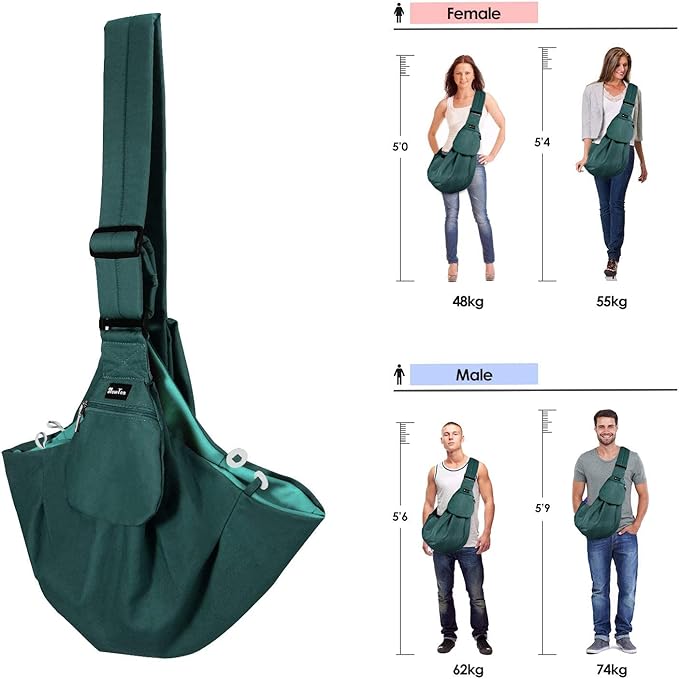 Lukovee Pet Sling, Hand Free Dog Sling Carrier Adjustable Padded Strap Tote Bag, Shoulder Bag with Safety Belt & Front Pocket for Small Dog Cat Puppy (Green,S)