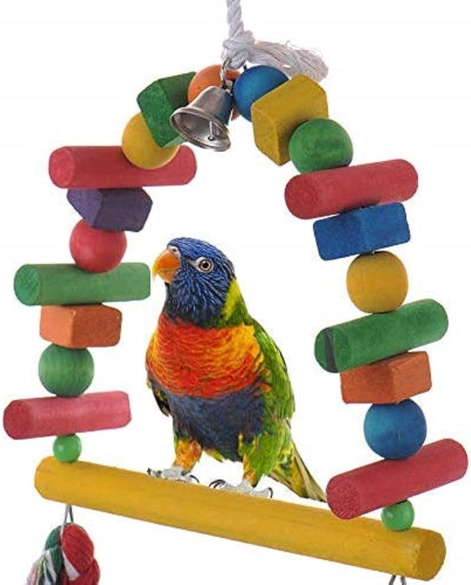 Litewoo Bird Swing Toys Natural Wood Knots Block Rainbow Bridge Wooden Hanging Bells Toys for Parrot Budgie Lovebirds Conures Parakeet cockatoo Cockatiel