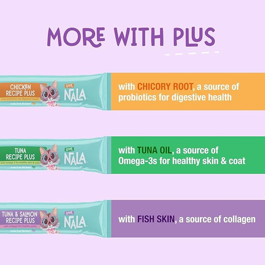 LOVE, NALA - Natural Lickable Cat Squeeze Up Treat,Topper - Variety Plus Pack Mousse - Wet Food Cat Puree - Grain Free, Non_GMO Minerals, Vitamins - 24 Pack