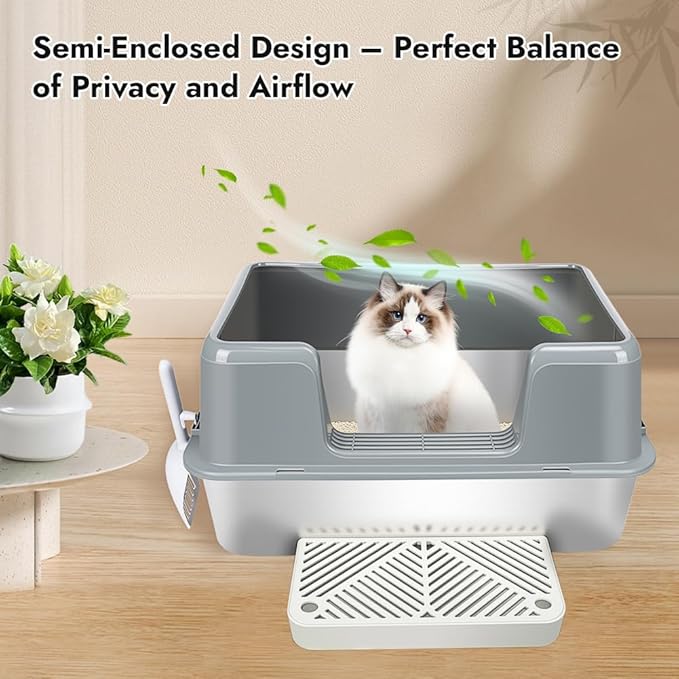Vivifying XL Stainless Steel Cat Litter Box, High Side Metal Litter Pan with Scoop and Footboard for Big Cats, Kittens, Rabbits and Hamsters, Easy Cleaning Design (Gray)
