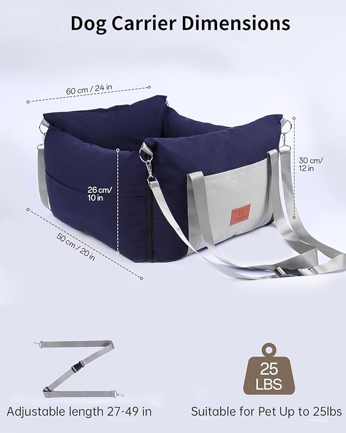 Medium Dog Car Seat for Medium Sized Dogs, Car Seat for Small Dogs with Side Zipper, Waterproof Dog Travel Bed in car with Storage Pockets Up to 25lbs, Memory Foam Filling for Max Support, Dark Blue
