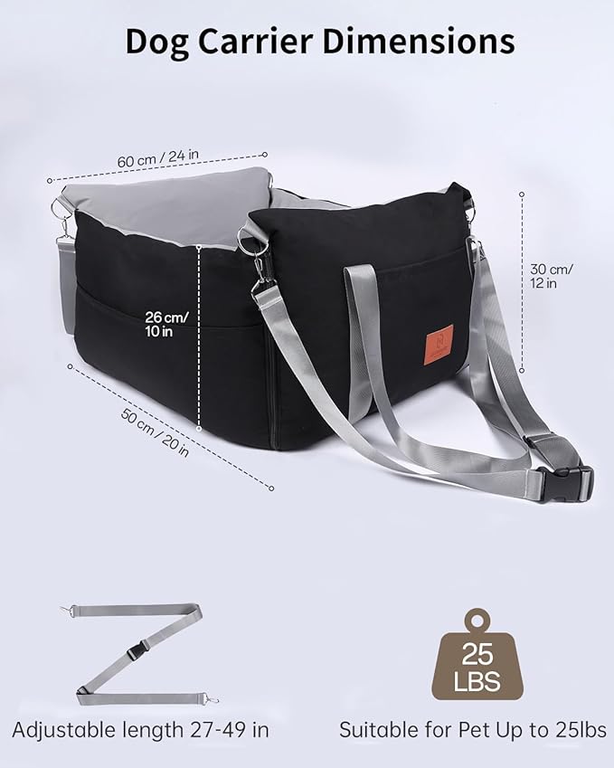 Medium Dog Car Seat for Medium Sized Dogs, Car Seat for Small Dogs with Side Zipper, Waterproof Dog Travel Booster in car with Storage Pockets Up to 25lbs, Memory Foam Filling for Max Support, Black