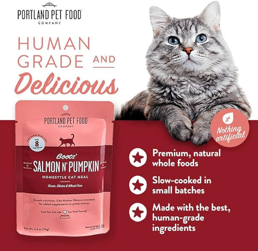 Human-Grade Mixed Variety Pack Wet Cat Food Pouch — Moist, Soft Cat Food Mixer, Topper, and Rotational Meal (6 Chicken, 6 Salmon) by Portland Pet Food Company