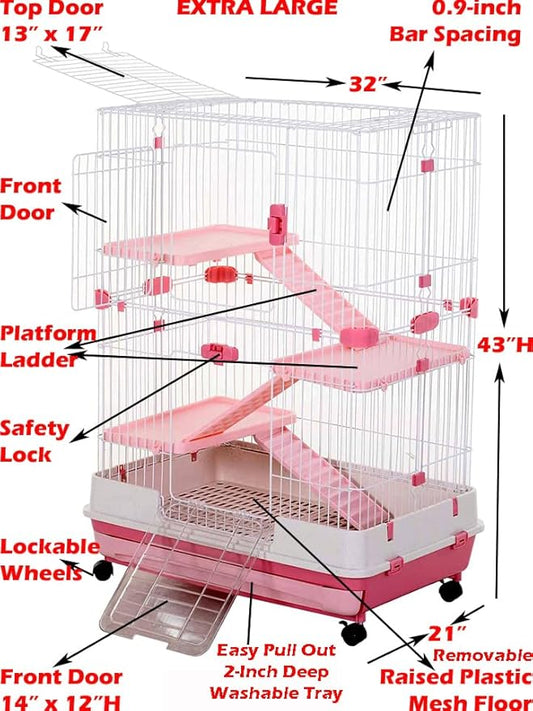 Pink X-Large Deluxe 4-Level in/Outdoor Rabbit Hutch Home Cage for Ferret Chinchilla Paw Safe Solid Platform Ramp Mesh Floor Leakproof Pull Out Easy Clean 2-Inch Deep Tray Lockable Casters