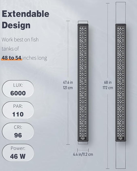 Pawfly 42W 24/7 Aquarium LED Light for 48" to 54" Tanks Extendable Fish Tank Light with Full Spectrum White Blue Red Green Lights with D/N Mode Single Color Effects Timer and Adjustable Brightness