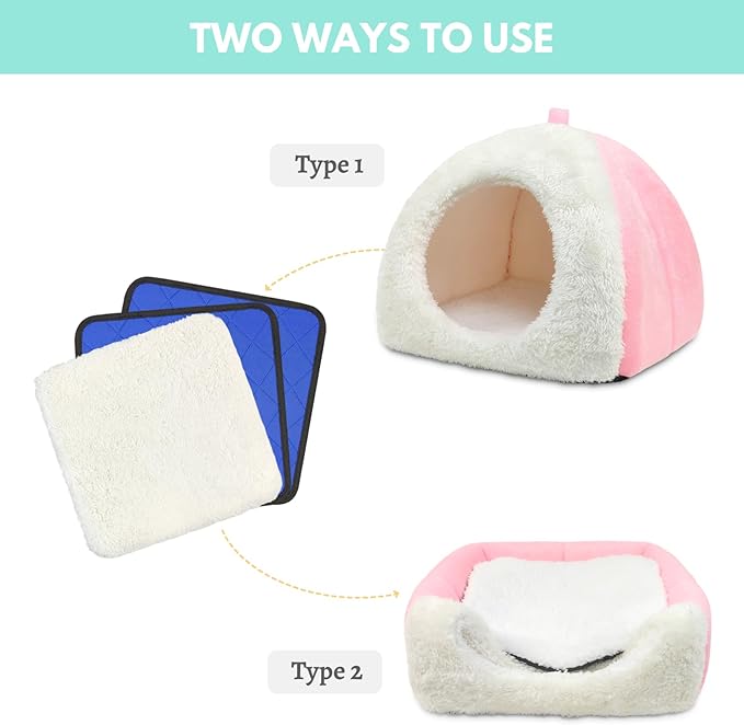 Guinea Pig Bed with 2 Absorbent Leak-Proof Bottom Pee Pad Fleece Small Animal Hideout House Washable Hide Hut for Rabbit Chinchilla Rat Hedgehog