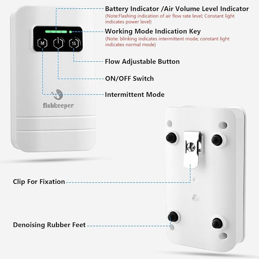 fishkeeper Rechargeable Aquarium Air Pump, Aerator Fish Tank Air Pump Up to 60 Gallons Portable Battery Powered Oxygen Pump with Clip for Most Bait Buckets, Power Outages and Emergency (2W 30GPH)