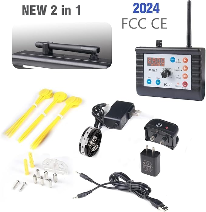 Wireless Dog Fence Training Collar Pet Two Way Signal 2-in-1 System, Adjustable Control Range Warning Strength, Display Battery Level, Waterproof Reflective Dog Collar