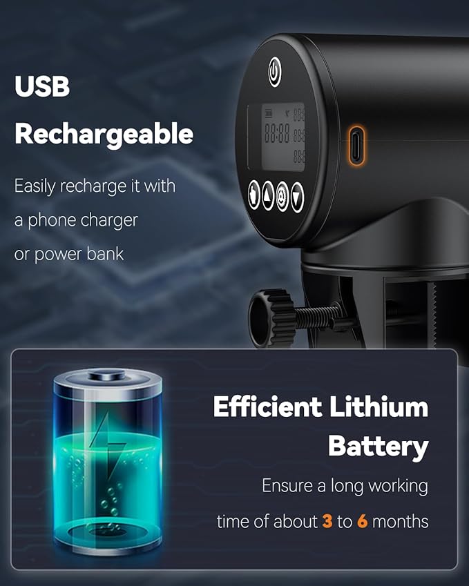 Pawfly Automatic Fish Feeder for Aquarium - USB Rechargeable Vacation Timer - Adjustable Auto Fish Food Dispenser for Pellets, Flakes & Strips (200 ml)
