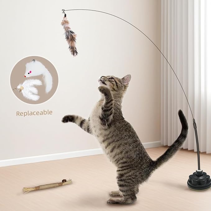 Suction Cup Cat Toys for Indoor Cats,3 in 1 Suction Cup Cat Toy,Interactive Simulation Cat Toy Set Self Play or Handheld,Feathers & Bells,Realistic Toy Mouse and Silvervine Sticks(Black)