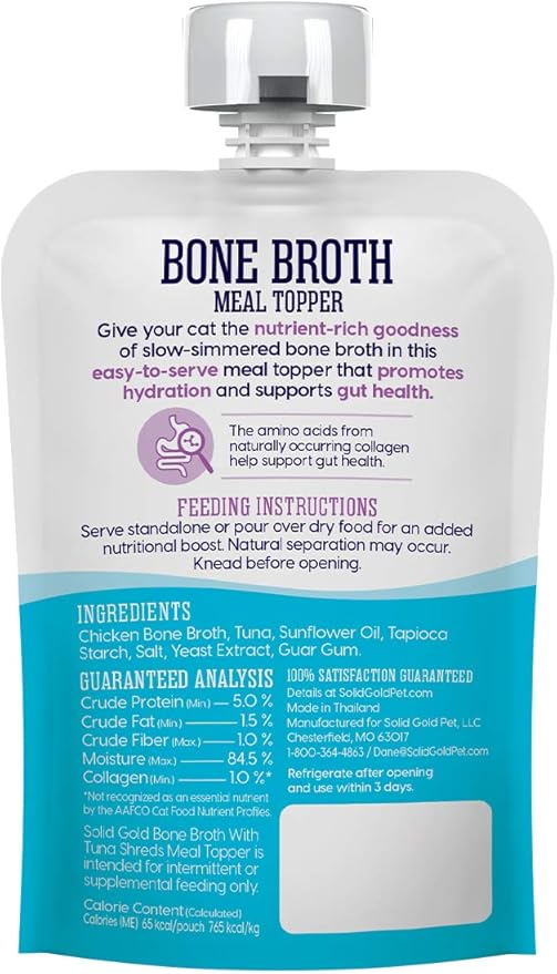 Solid Gold Bone Broth Cat Food Topper - Lickable Wet Cat Food with Protein Shreds for Hydration - Easy to Serve Wet Cat Food Gravy Bone Broth for Cats - Healthy Cat Snacks Treats - Tuna - Single
