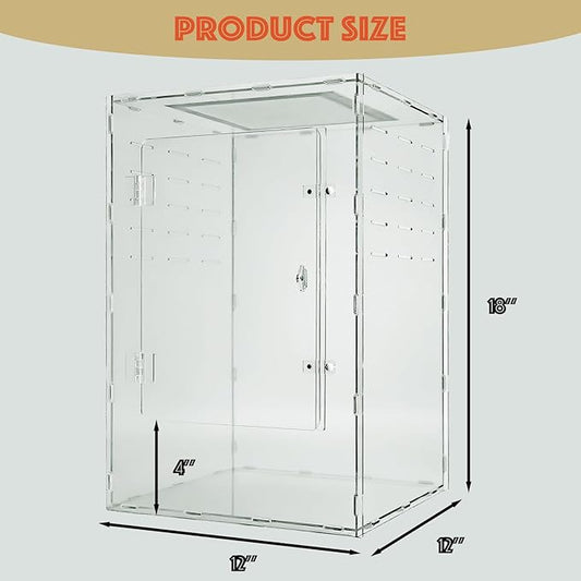 12x12x18 Reptile Tank 10 Gallon – Acrylic Reptile Enclosure Terrarium for Crested Gecko, Lizards, Spiders & Snakes – Clear Lizard Habitat Terrarium