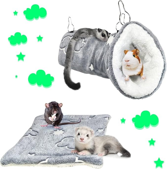 LEFTSTARER Noctilucent Luminous Guinea Pig Rat Hammock Bunkbed Hanging Tunnel and Soft Bed Mat for Ferret Hedgehog Squirrel Hideout Cage Accessories (2.Tunnel Hammock and Mat)
