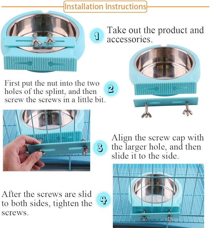 kathson Crate Dog Bowl, Removable Stainless Steel Hanging Pet Cage Bowl Food & Water Feeder Coop Cup for Cat, Puppy, Birds, Rats, Guinea Pigs (2pcs, Pink and Blue)