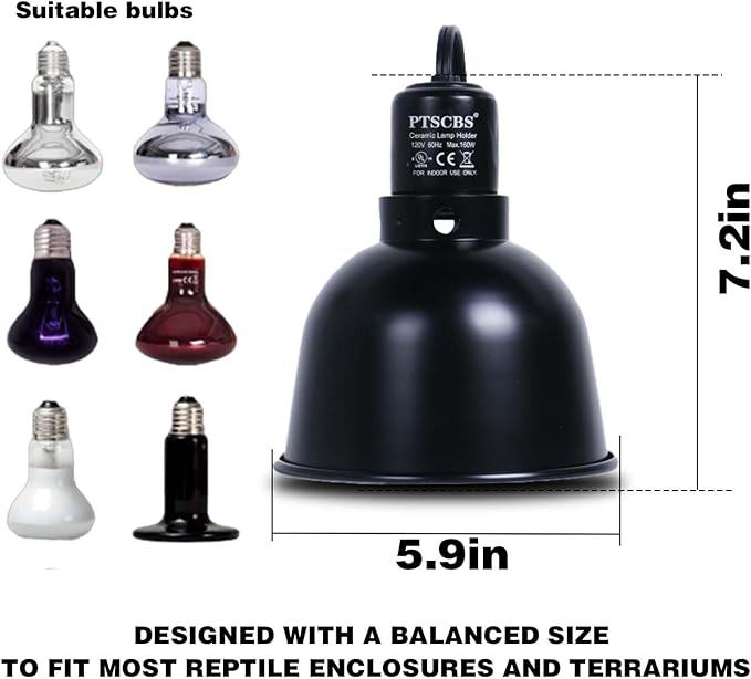 Reptile Light Fixture,Max 160 Watt - Standard 5.5 Inch - 3mm Thickness Dome Shade, Suitable for Reptile Basking Bulb Lamp/Heat Lamp/Ceramic Heater E26