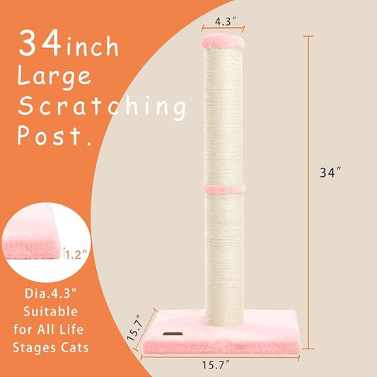 34inch Cat Scratching Post with Natural Sisal Rope 4.3Inch Large Diameter Scratcher Post Tree for Indoor Cats Pink