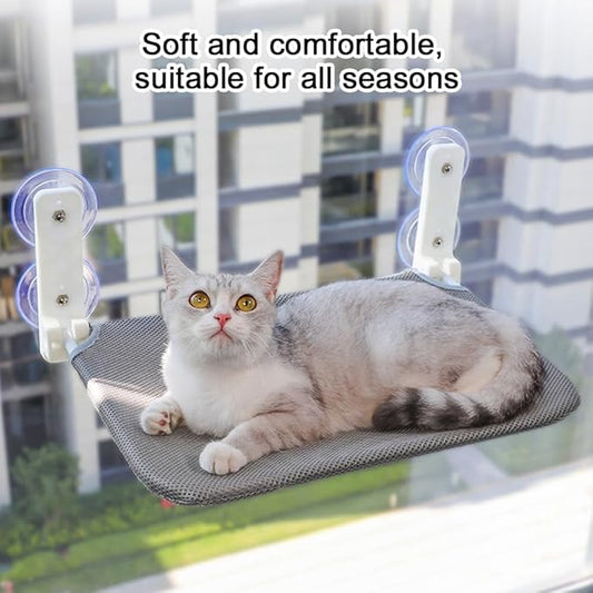 Foldable Cat Window Hammock with Dual Heavy-Duty Suction Cups - Plush Mesh Bed & Jumping Perch for Indoor Cats, Wall Mounted Space-Saving Design (Grey)